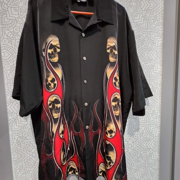 Men's Skull Dress Shirt, XXXL, Black with Red Flames - Picture 1 of 8